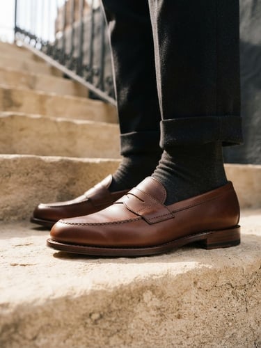 Low-angle editorial fashion shot of hand-stitched leather loafers on feet, warm morning sunlight casting soft shadows on minimalist beige stone steps, 85mm