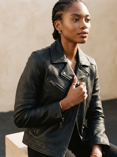 editorial fashion photography, warm natural sunlight, minimalist beige and black background, sharp focus on leather textures, 85mm