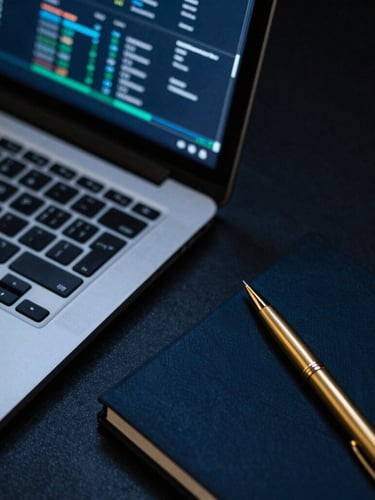 Macro overhead shot of a clean digital workspace, low-key ambient lighting, a sleek laptop showing a complex data visualization, with a gold pen resting on a dark notebook, 35mm photography