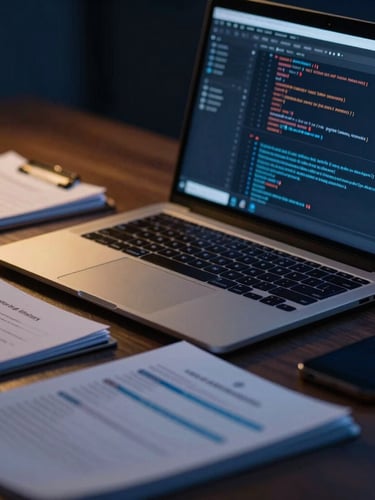 Macro shot of a high-end digital workspace with subtle gold ambient light, a laptop screen displaying clean code, and organized academic materials on a dark wooden desk, moody editorial photography, low-key ambient light with gold accents, deep blue tones, crisp macro focus, 35mm.