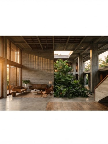 Wide panoramic shot of a tropical brutalist building interior, raw concrete walls, warm timber accents, lush green tropical plants, golden hour sunlight filtering through, creating soft shadows. Focus on architectural lines and serene atmosphere, no people.
