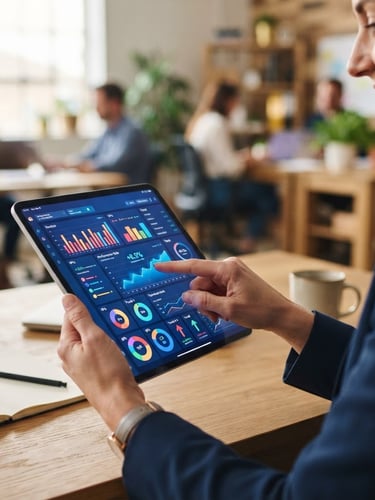 Hands of a digital strategist pointing at a clean performance dashboard on a tablet screen, warm office lighting, authentic workspace, 35mm