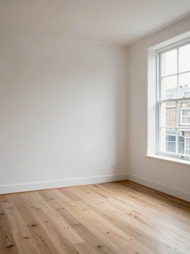 Wide portrait view of an empty bright London living room, large sash window on the right letting in clean north-facing daylight, bare hardwood floor, plain white walls, no furniture or people, shot from standing eye-level showing room proportions