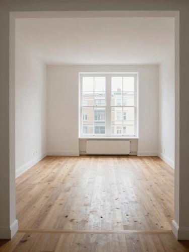 Wide-angle view of an empty, daylit London flat living room from the doorway threshold — bare hardwood floors, plain white walls, a large sash window flooding the space with even north-facing light, no furniture or people, straight architectural lines, clean and precise