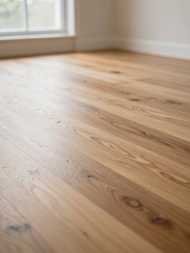 Close-up detail of bare hardwood floor in an empty room, clean natural daylight from a nearby window, slight angle showing room depth, no people or furniture, precise and clinical framing