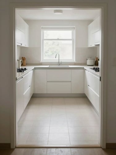 Wide angle of an empty kitchen from the doorway, white fitted units, natural light from a window above the worktop, pale tiled floor, no people or clutter, bright and clinical