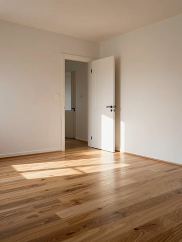 Empty bedroom photographed from corner angle, wide wooden floorboards catching afternoon window light, plain walls, door ajar revealing hallway beyond, no people or furniture, bright and airy