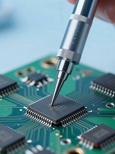Macro shot of a high-precision diagnostic probe touching a microchip on a clean green circuit board, cool blue clinical lighting