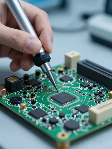 Macro close-up of a technician's hand using a fine-tipped diagnostic probe on a green television motherboard, cool blue laboratory lighting, high technical detail.