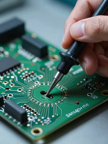 Macro close-up of a technician's hand using a fine-tipped digital multimeter probe on a green printed circuit board, cool clinical lighting, sharp focus on solder points.