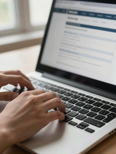 Close-up of hands typing on a laptop keyboard, a browser showing a business registration form on screen, natural morning window light from the left, shallow focus on the fingertips