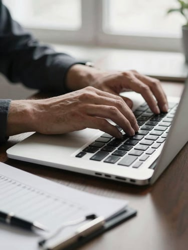 Close-up of a person's hands resting on a laptop keyboard at a clean desk, natural morning window light, a printed checklist and pen visible at the edge of the frame, monochrome workspace feel