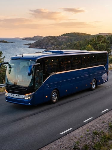 Crisp commercial photography of a modern luxury charter bus, gleaming dark blue paint with amber accents, parked on a scenic Baltic highway at golden hour, sharp focus, 35mm lens
