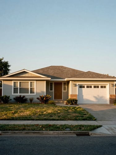 A clean, modest mid-century home in an established suburban neighborhood, bathed in soft golden afternoon light, clear negative space on the right.