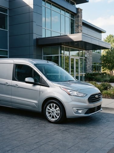 A clean, modern corporate fleet vehicle parked in bright daylight in front of a professional office building, sharp focus, 35mm.