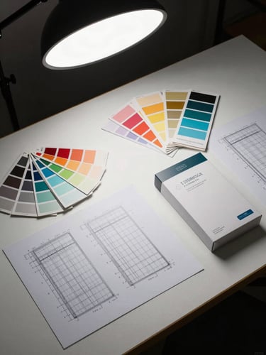 Overhead view of a studio worktable with printed dieline proofs, a color swatch fan, and a packaged product prototype, clean strobe lighting from above, no people