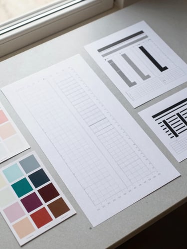 Overhead flat-lay of a packaging design system in progress — printed dieline proof, color swatch cards, and typographic scale sheet arranged on a light grey work surface, natural window light from above, no hands visible, crisp shadow detail