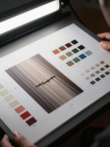 Production proof sheet held against a light table, close crop showing registration marks, spot color swatches, and printed finish detail, studio strobe lighting