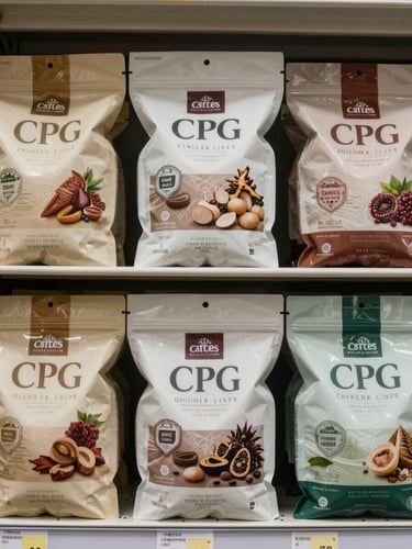 Close-up overhead flat-lay of competing CPG packages arranged on a retail shelf surface, studio strobe lighting showing label hierarchy and structural variation, neutral background