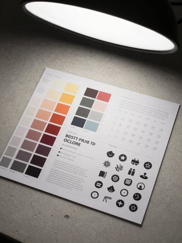 Overhead flat-lay of a design specification sheet showing color swatches, typographic scale specimens, and icon set arranged on a light concrete surface, studio strobe overhead, no hands visible
