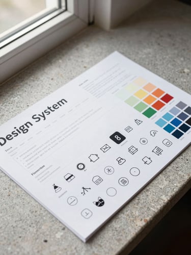 Design system specification sheet laid flat on a stone surface — typographic scale, color swatches, and icon grid visible, clean window light from the left, no hands
