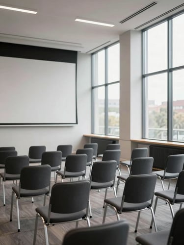 Empty modern conference room interior, rows of chairs facing a projection screen, natural daylight from tall windows on the right side, clean lines and muted tones, no people