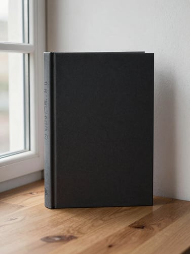 Portrait-oriented book spine and cover propped against a bare white wall on a wooden desk, natural office window light from the left, no props except the book itself