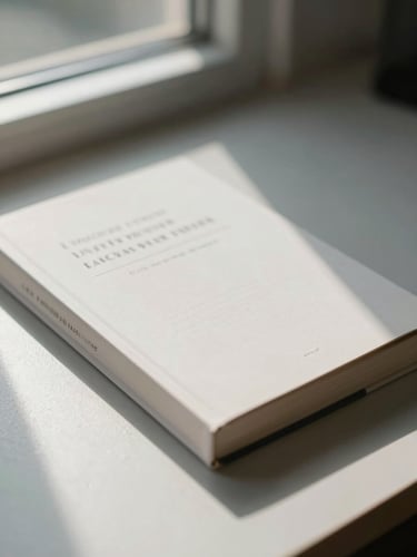 Close-up of a book cover lying flat on a clean light-gray desk, natural daylight from a side window casting a soft shadow, title text visible but not legible, minimal surrounding clutter