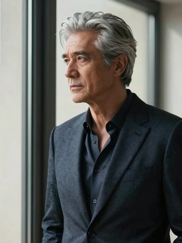 Cinematic portrait of a stylish man in his late 50s with silver hair, looking thoughtfully out a large window, crisp natural light, rich shadows, high-contrast.