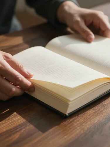 Crisp, close-up shot of hands turning the heavy, textured page of a premium printed journal on a dark wooden table, soft morning light casting long shadows