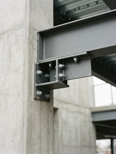 Close-up of a structural concrete column meeting a steel beam, geometric architectural lines, soft overcast daylight, desaturated cool tones, 35mm