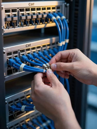 A technician's hands organizing blue Ethernet cables in a data center network server rack.