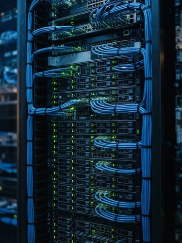 Macro shot of neatly organized server rack with glowing green LED indicators and structured blue cabling, high contrast, professional tech photography, 35mm lens