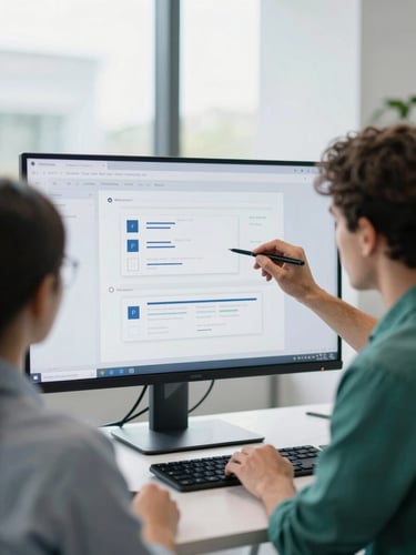 A modern, bright collaborative office setting with two software engineers analyzing clean interface wireframes on a screen, natural daylight, professional atmosphere.