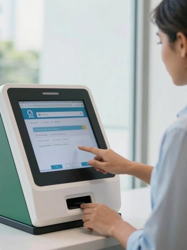 A bright modern public office in Brazil, a citizen interacting with a clean digital terminal, soft natural daylight, professional setting