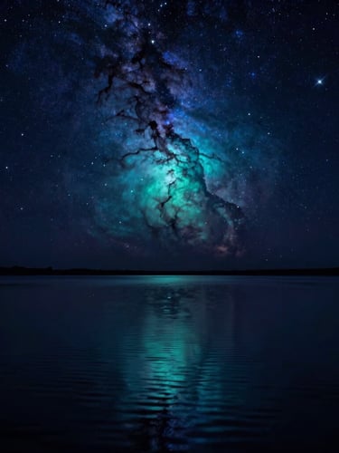 An expansive view of a starry night sky reflecting perfectly on calm, dark water ripples, glowing deep indigo and oceanic teal nebulae above, cinematic photography, long exposure