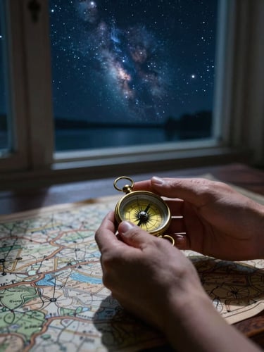 Close-up of hands holding an antique brass compass over a dark wooden map table, soft luminous starlight filtering through a window, deep indigo shadows