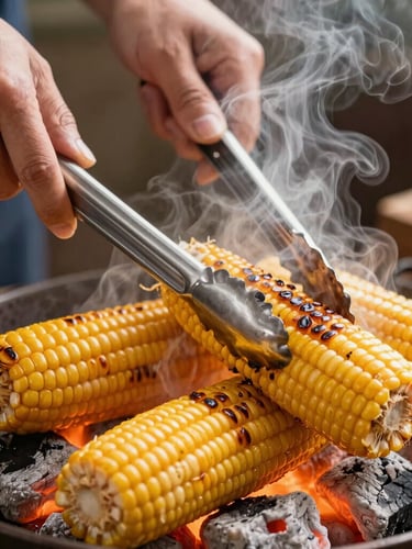 Close-up shot of hands using metal tongs to turn charring ears of corn over hot glowing coals, steam rising from the cracked husks, warm amber light