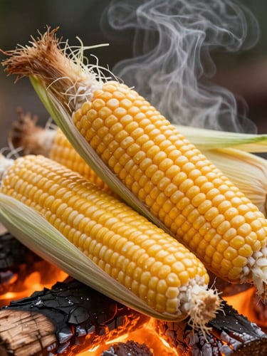 A tight, vertical close-up of fresh ears of corn with husks pulled back, charring beautifully over open wood flames, glowing orange embers beneath, steam rising.