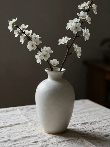 Soft, diffused natural light illuminating a single minimalist ceramic vase with white blossoms on a textured linen surface, dark quiet background.