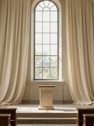 Symmetrical perspective of a quiet memorial chapel interior, architectural draping in heavy cream linen, soft warm morning light filtering through high windows.