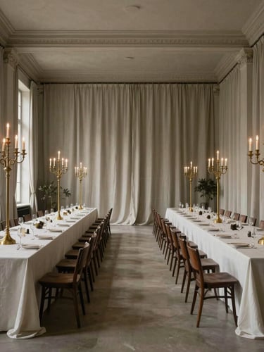 Wide-angle environmental shot of a grand hall styled with minimalist long tables, heavy linen drapes, and architectural brass candelabras before guests arrive, soft natural window light, symmetrical perspective.