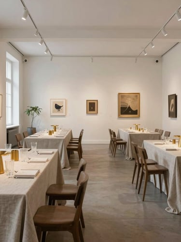 Architectural wide-angle shot of a styled gallery hall before guests arrive. Soft, diffused natural light illuminates symmetrical rows of heavy linen tables, brushed brass accents, and fluted glassware.