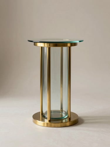 Architectural studio shot of a fluted glass pedestal with brushed brass accents, clean symmetrical composition, soft diffused natural light, neutral alabaster background.