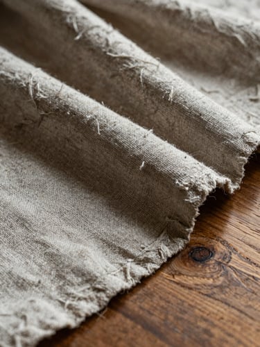 Macro close-up of textured heavy linen draped over a solid wood table, catching low-contrast natural light, showcasing tactile material details