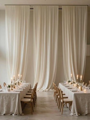 Architectural interior of a modern minimalist wedding reception, warm diffused natural light, towering alabaster draping, symmetrical long table with heavy linen and brass candlesticks.