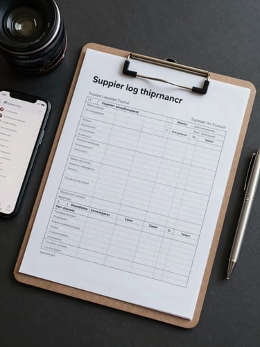 Overhead tabletop shot of a clipboard with a neatly organized supplier order form, a phone screen displaying a contact list, and a pen resting on the edge — bright even studio lighting on a dark matte surface, tight frame, no faces