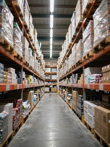 Wide view looking down a long organized wholesale warehouse corridor, shelves densely stocked with boxed merchandise on both sides, bright even LED overhead lighting, no people, perspective lines converging toward the far end, documentary framing
