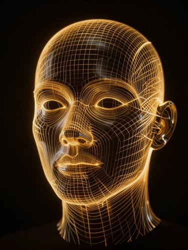A high-fidelity cinematic still of a dark studio with gold laser lines tracing a 3D digital face, dramatic side lighting, high contrast, 16:9 aspect ratio.