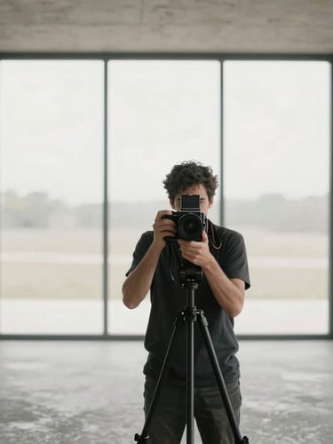 Architectural photographer, mid-shot, holding a medium format camera on a tripod, in a minimalist, empty concrete interior with soft diffused natural light from a large window. Focus on the photographer's focused expression and the camera, with the architectural space as background. Eye-level perspective, muted neutral tones.